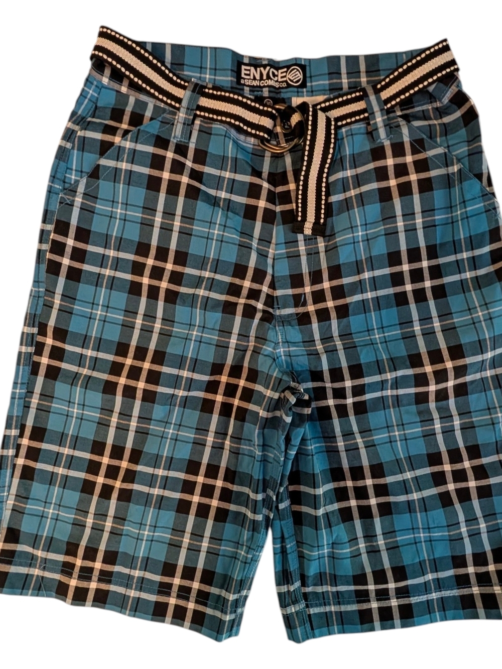Enyce Sean Combs Blue Plaid Shorts with Belt Size 36